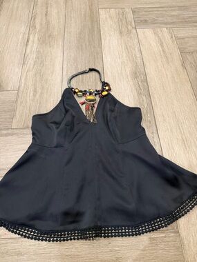 bebe Black Halter Tank Top with Decorative Neckline